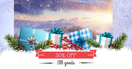 New Year Discount Offer with Christmas Gifts Facebook AD Design Template