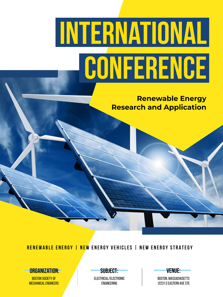 Renewable Energy Conference Announcement with Solar Panels Poster US Tasarım Şablonu