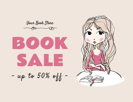 Books Sale Announcement with Illustration in Pink Postcard 4.2x5.5in Design Template
