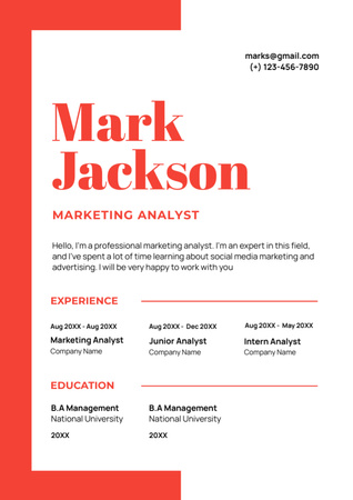Working Experience of Marketing Analyst Resume Design Template