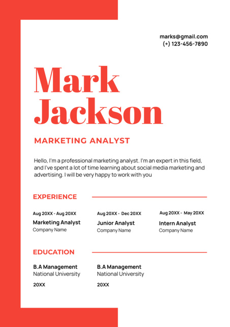Template di design Working Experience of Marketing Analyst Resume
