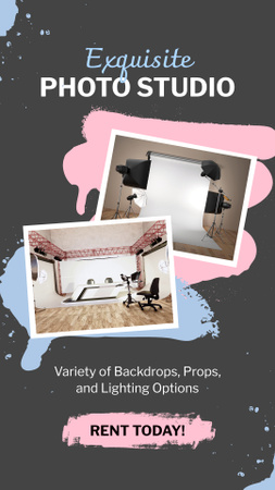 Plantilla de diseño de Oferta de alquiler de estudio fotográfico bien equipado para profesionales Instagram Video Story 