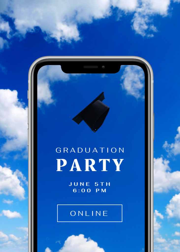 Graduation Party Announcement with Hat on Phone Screen Invitation Design Template