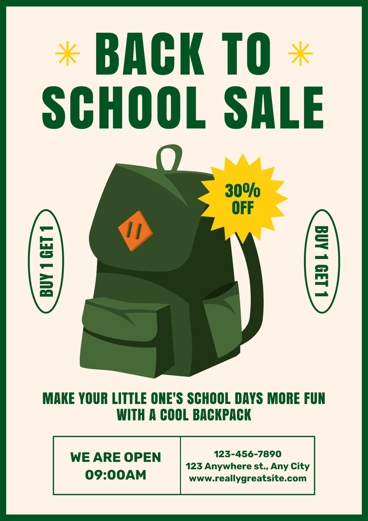 Green School Backpack Sale Announcement Poster Modelo de Design