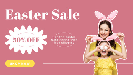 Easter Sale Announcement with Happy Child and Mother in Rabbit Ears FB event cover Design Template