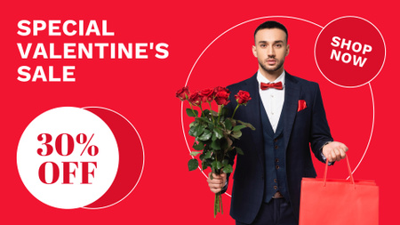 Plantilla de diseño de Venta de San Valentín con hombre guapo con ramo FB event cover 