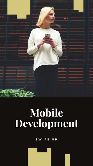 Mobile Development Ad with Woman holding Phone Instagram Story Design Template