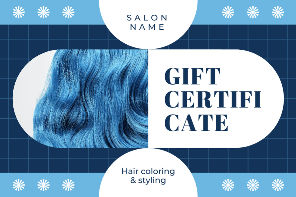 Modèle de visuel Beauty Salon Services with Woman with Bright Blue Hair - Gift Certificate