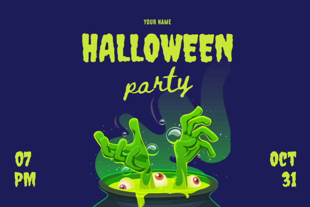 Designvorlage Awesome Halloween Party Announcement With Potion Character für Flyer 4x6in Horizontal