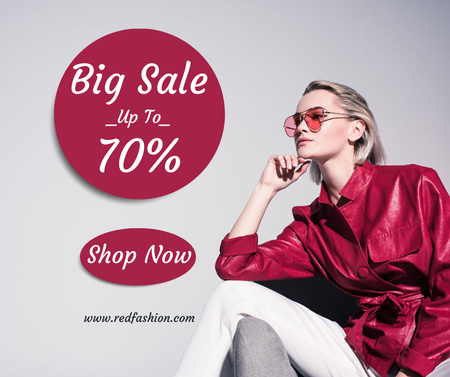 Designvorlage Female Fashion Offer with Woman in Modern Red Jacket für Facebook