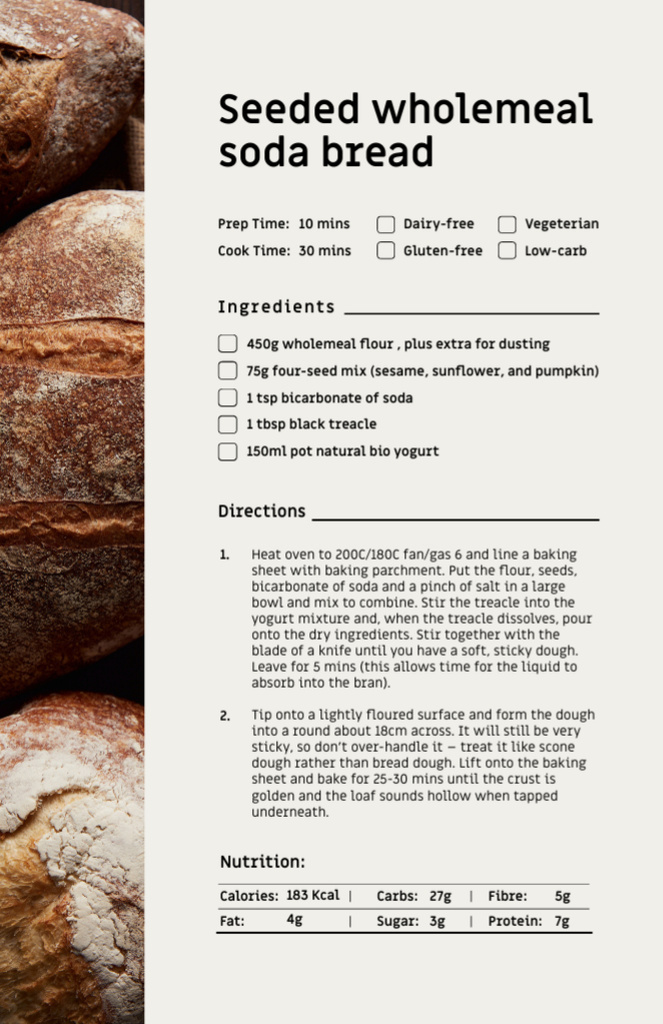 Seeded Wholemeal Soda Bread Recipe Card Tasarım Şablonu