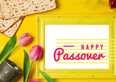 Happy Passover Holiday with Bread and Tulips Postcard Design Template