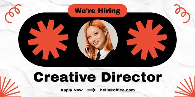 Template di design Announcement of Hiring Creative Director with Smiling Woman Twitter
