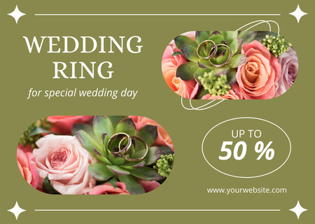 Platilla de diseño Two Golden Wedding Rings on Bouquet of Roses Card