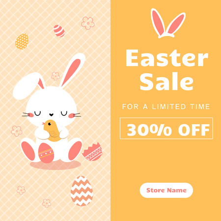 Объявление о пасхальной распродаже с пасхальным кроликом, держащим маленькую птичку Instagram – шаблон для дизайна