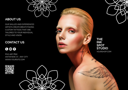 Line Art -kukkia ja mustetatuointistudiotarjous Brochure Design Template