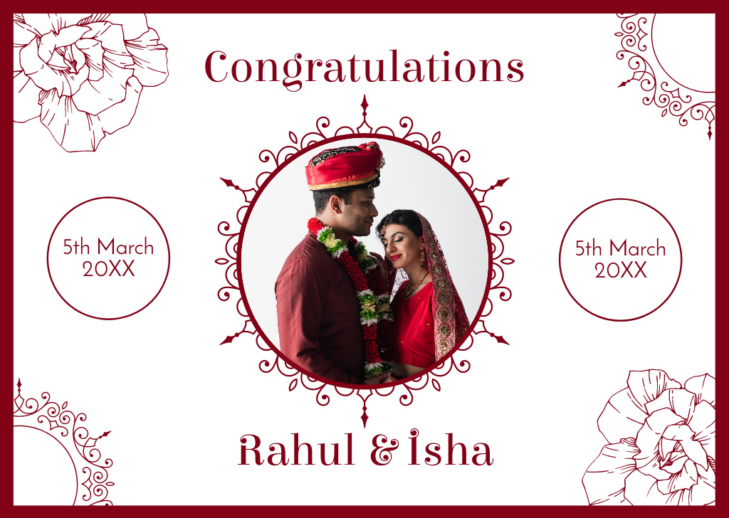 Wedding Congratulations Message with Indian Married Couple Card Design Template
