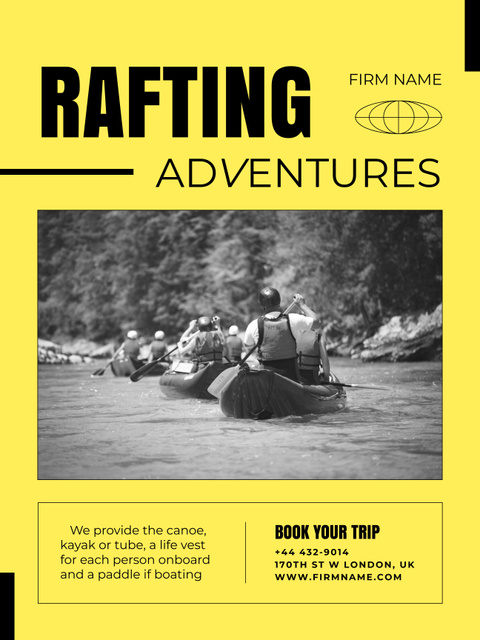 Exciting Rafting Adventures Ad In Yellow Poster 36x48in Šablona návrhu