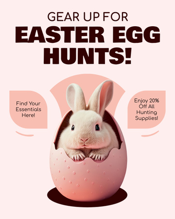 Modèle de visuel Annonce de chasse aux œufs de Pâques avec un lapin mignon dans un œuf rose - Instagram Post Vertical