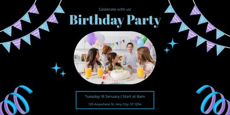 Convite para festa de aniversário infantil em preto Twitter Modelo de Design