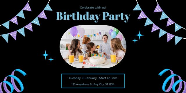 Ontwerpsjabloon van Twitter van Kids Birthday Party Invitation on Black