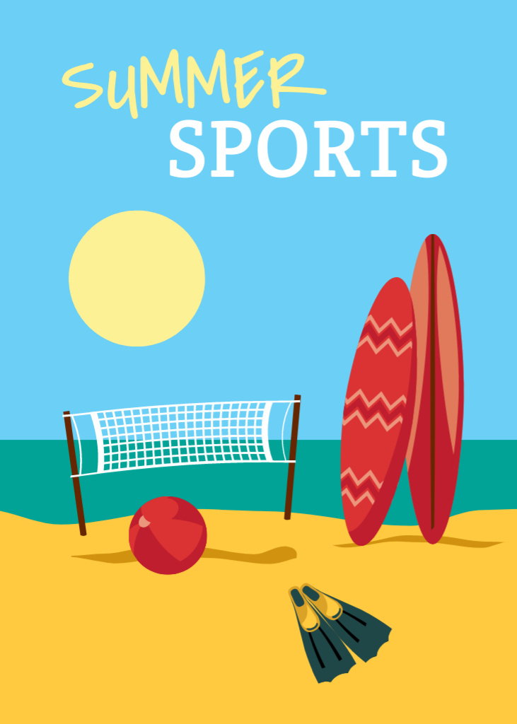 Summer Sports With Surfboards on Beach Postcard 5x7in Verticalデザインテンプレート