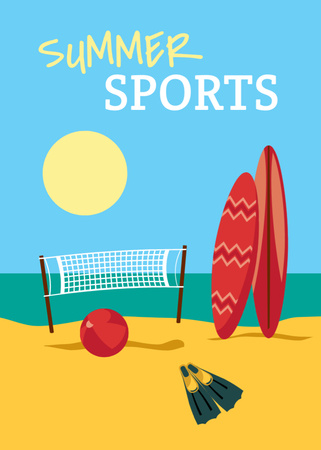 Summer Sports With Surfboards on Beach Postcard 5x7in Vertical Design Template