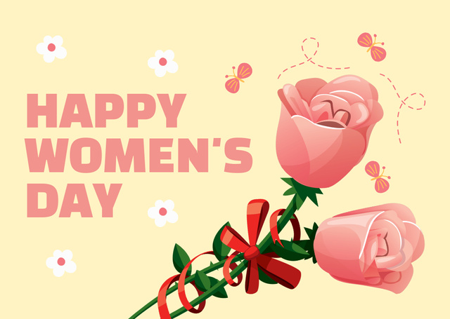 Pink Roses Illustration for International Women's Day Card Tasarım Şablonu