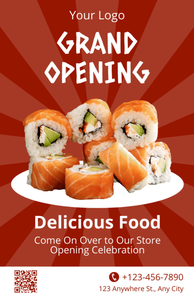 Restaurant Opening Announcement with Delicious Sushi Recipe Cardデザインテンプレート