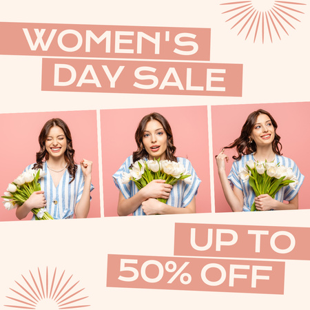 Platilla de diseño Sale on Women's Day Announcement with Beautiful Woman Instagram