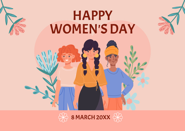 International Women's Day Greeting with Pink Flowers Card Modelo de Design