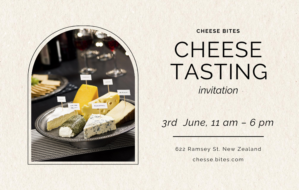 Platilla de diseño Different Types of Cheese Pieces On Plate Invitation 4.6x7.2in Horizontal