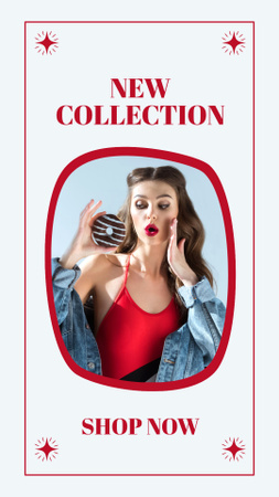 Uuden kokoelman mainos, jossa tyylikäs nainen pitelee donitsia Instagram Story Design Template