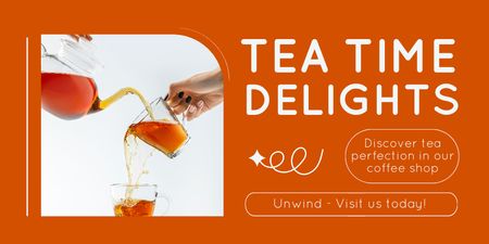 Tea Time In Coffee Shop With Glass Teapot Twitter Design Template