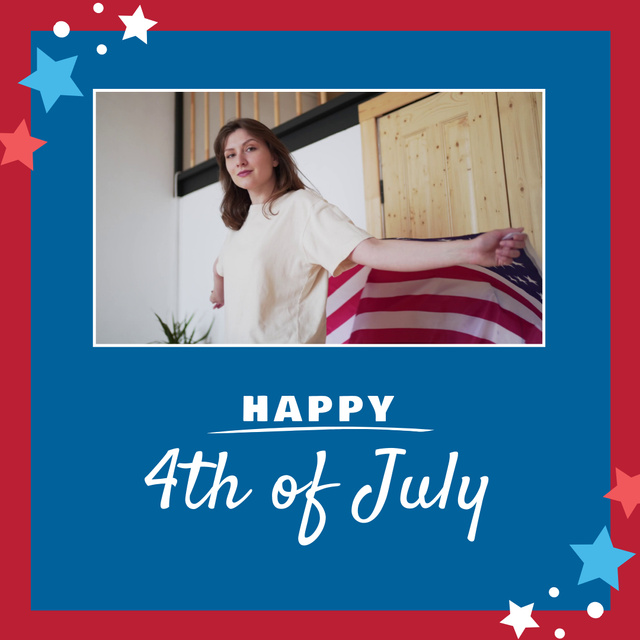Young Woman Celebrates USA Independence Day Animated Postデザインテンプレート
