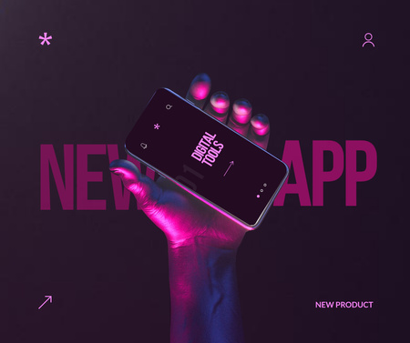 New App Announcement with Hand holding Modern Smartphone Facebook Modelo de Design