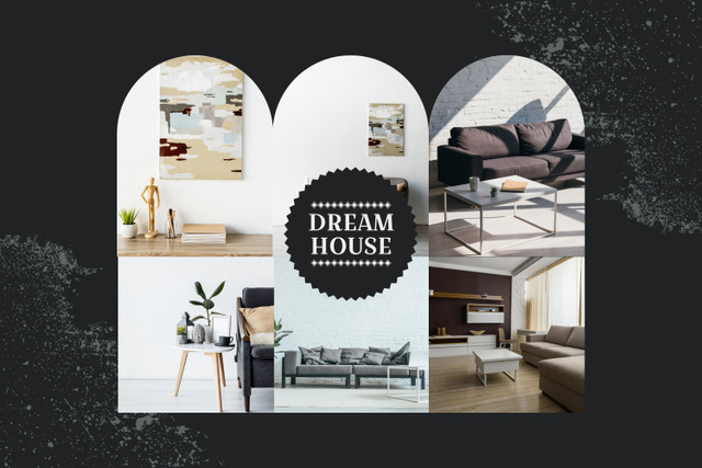 Dream House Interior Design Collage on Black Mood Board Tasarım Şablonu