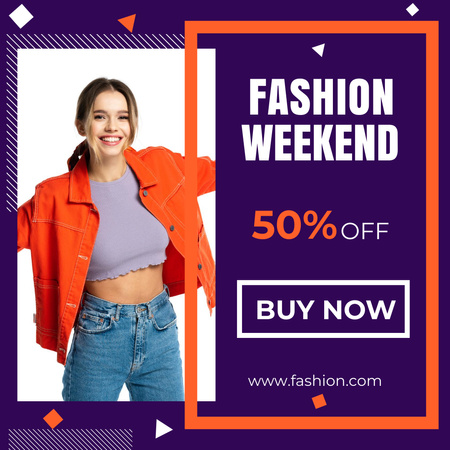 Fashion Weekend Announcement with Stylish Young Woman Instagram Design Template