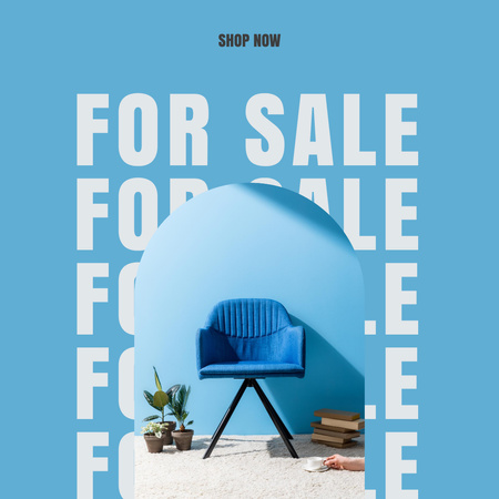 Designvorlage Werbung für Wohnmöbel mit blauem Sessel zum Verkauf für Instagram