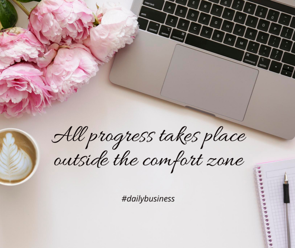 Quote about Progress with Laptop and Flowers on Table Facebook tervezősablon