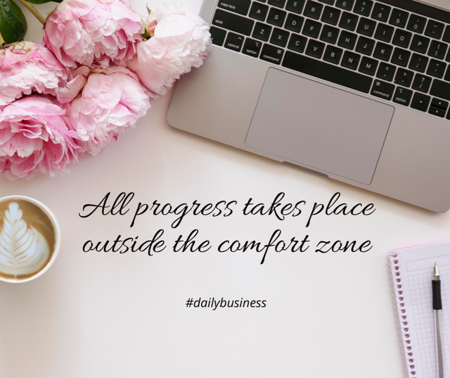 Quote about Progress with Laptop and Flowers on Table Facebook Design Template