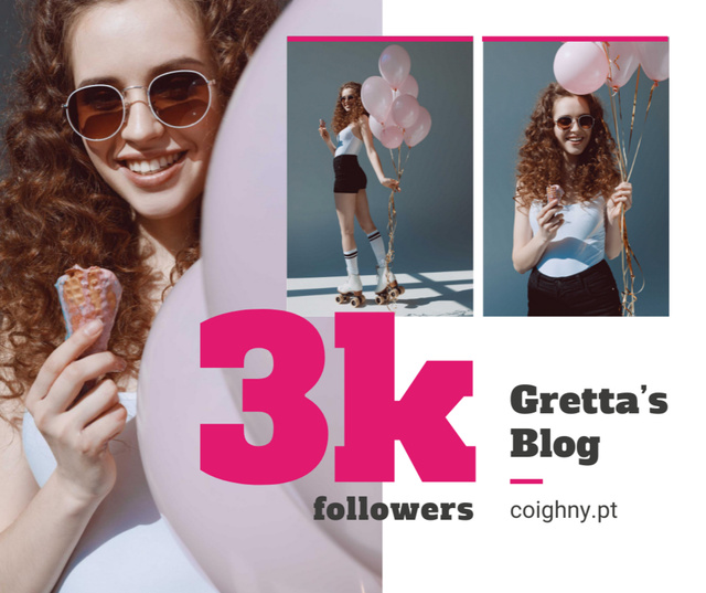 Designvorlage Blog promotion Woman with Ice Cream and Balloons für Facebook