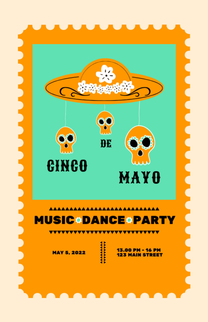Celebration Announcement Cinco de Mayo With Skulls in Yellow Invitation 5.5x8.5in Πρότυπο σχεδίασης