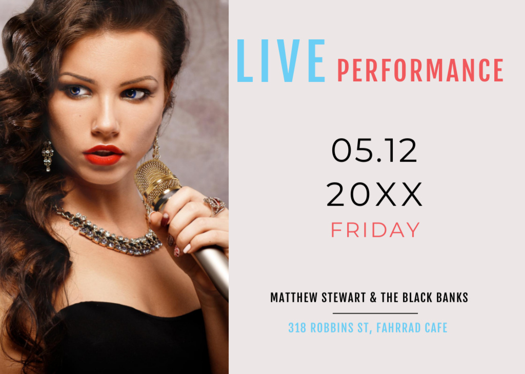 Live Performance Announcement with Gorgeous Woman Singer Flyer 5x7in Horizontal Modelo de Design