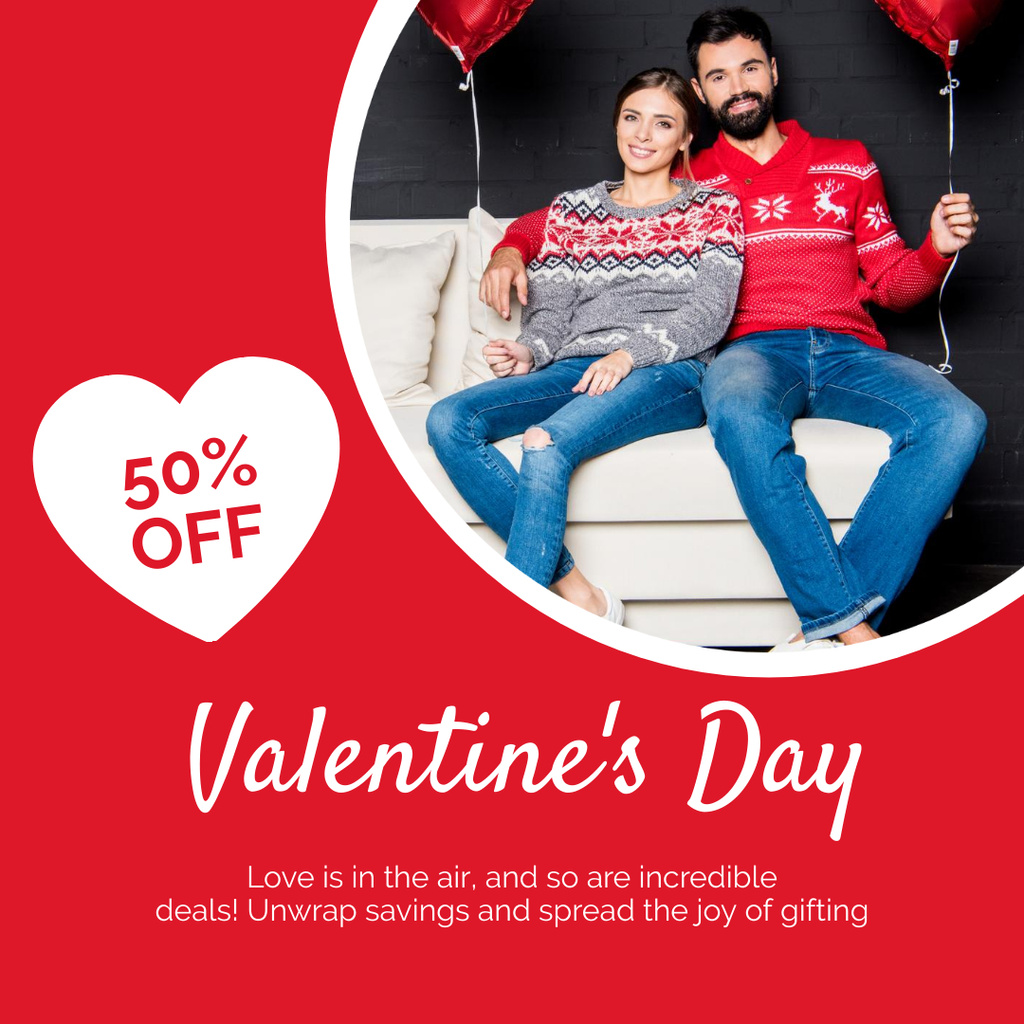 Plantilla de diseño de Valentine's Day Discount Offer with Couple holding Balloons Instagram 