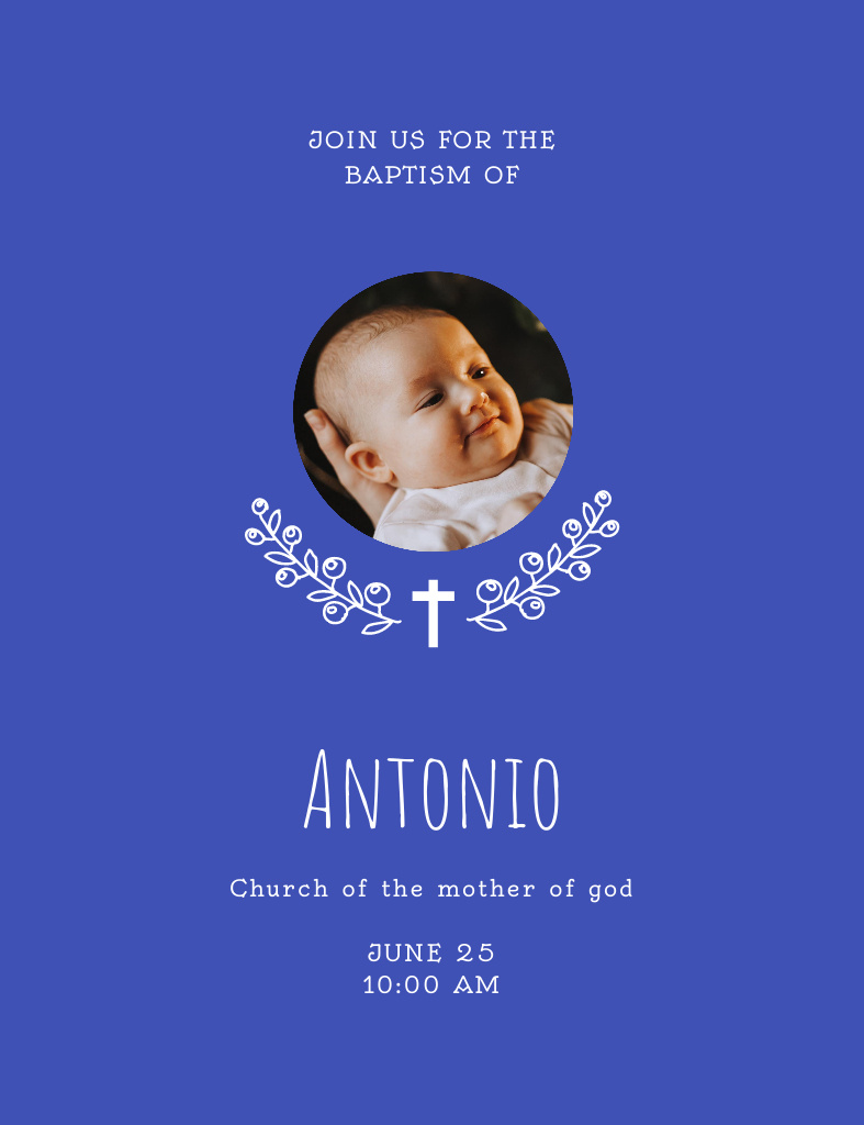 Platilla de diseño Baptism Announcement with Cute Newborn on Blue Invitation 13.9x10.7cm