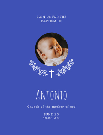 Baptism Announcement with Cute Newborn on Blue Invitation 13.9x10.7cm Design Template