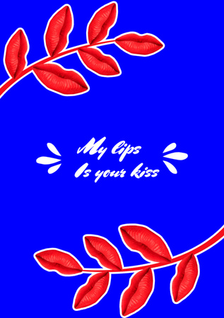 Ontwerpsjabloon van Postcard A5 Vertical van Leuke liefdesuitdrukking met rode bladeren in een vorm van lippen
