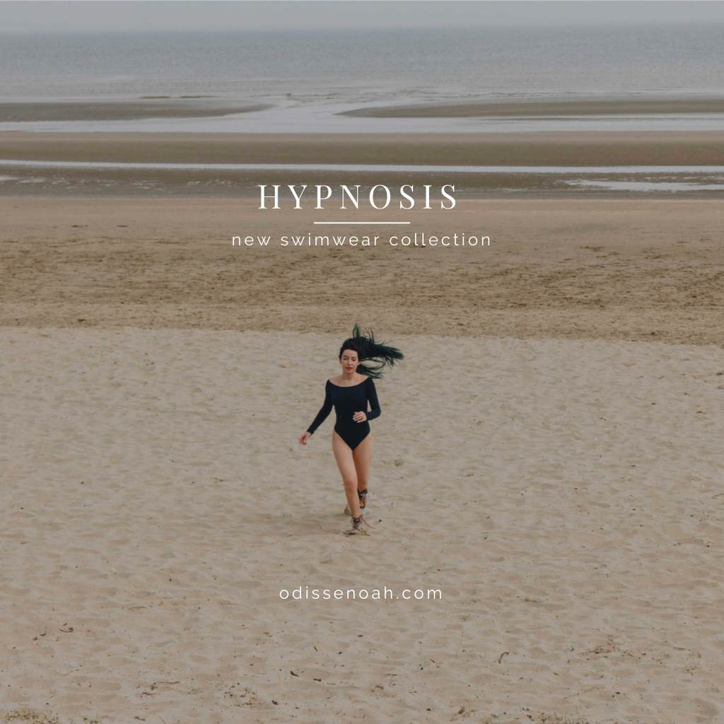 Designvorlage New Swimwear Offer with Young Woman on the beach für Instagram
