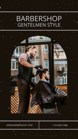 Designvorlage Handsome Hairdresser Cutting Client Hair in Barbershop für Instagram Story